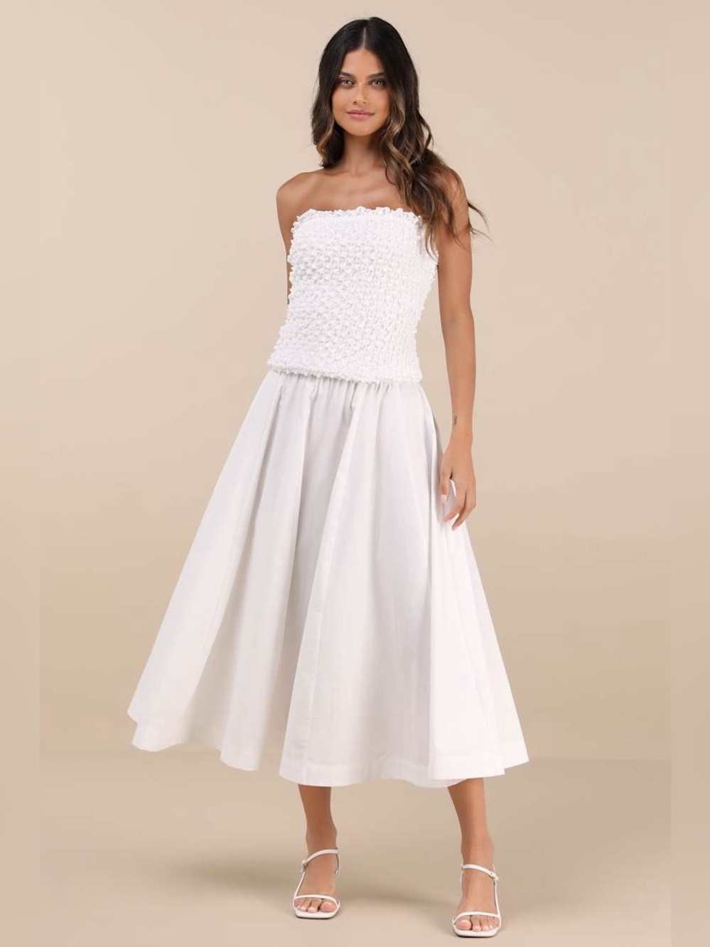 LULU'S Rare London Aaralyn White Textured Strapless Drop
Waist Midi Dress
